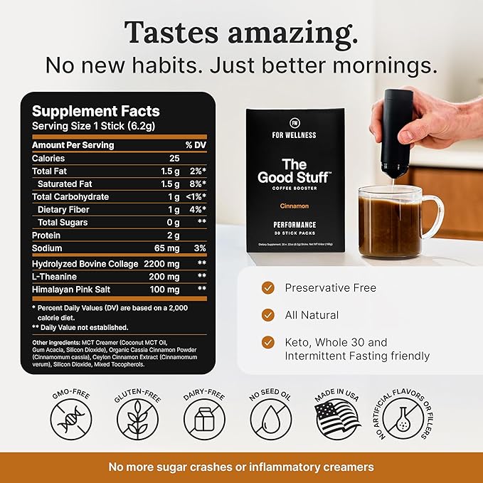 For Wellness The Good Stuff Performance – Coffee Booster | Collagen + MCT Powder Supplement with L-Theanine and Antioxidants for Jitter-Free Energy & Stamina | Non-Dairy, Keto-Friendly, 30 Servings