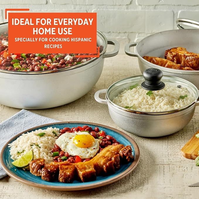 IMUSA Caldero Stock Pot with Glass Lid 3pc Set, 1.5/2.5/5.2qt, Cast Aluminum, Perfect for Serving Medium & Small Groups, Riveted Handles, Made in Colombia, Silver.