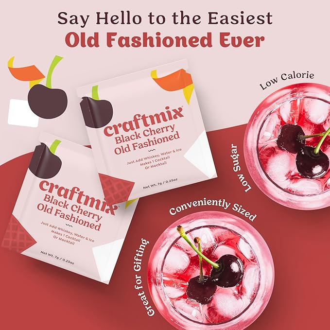 Craftmix Black Cherry Old Fashioned Cocktail & Mocktail Drink Mixer, Skinny Mixes - Water Flavoring Packets Made With Real Fruit - Vegan, Low-Carb, Low-Sugar, Non-GMO, Dairy Free, Gluten Free, 12 Pack