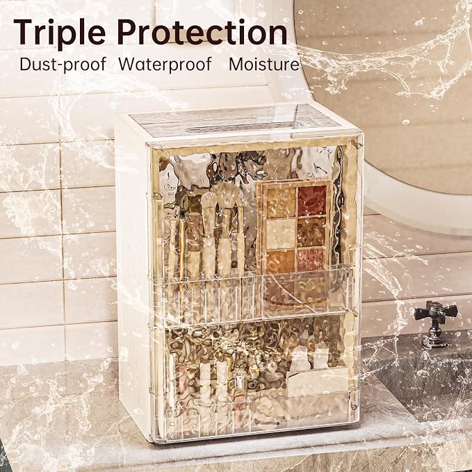 HAIXIN Makeup Organizer with Drawer & Brush Holder, Plastic Cosmetic Display Cases, Large Vanity Organizer Countertop Waterproof for Skincare, Perfume, Bathroom & Dresser (White & Amber)