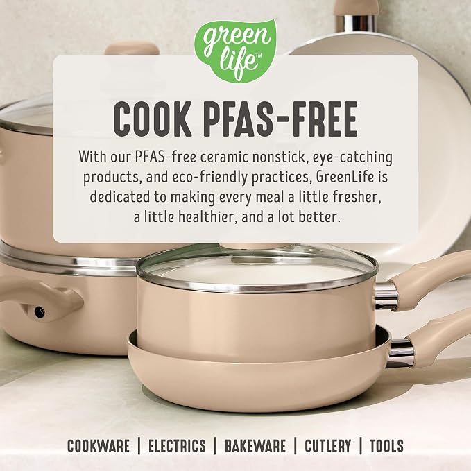 GreenLife 5 Quart Nonstick Stock Pot with Lid, Non-Toxic Ceramic Pot, Dishwasher Safe, Induction Ready, Fast Heating, Stay-Cool Handles, Kitchen Casserole, Soup, Pasta, Easy Clean, Beige Taupe