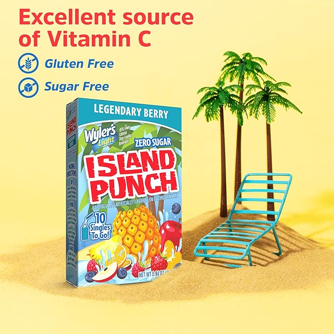 Wyler’s Light Island Punch Singles To Go, Legendary Berry, 10-Count per Box (12 Pack) – Low Calorie Powdered Drink Mixes, Caffeine Free, Gluten Free, and Zero Sugar, 120 Total Powder Packets