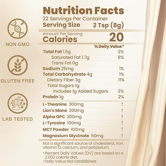 Mushroom Coconut Coffee Creamer, Nootropic Creamer Powder | Lion's Mane, Alpha GPC, Magnesium Glycinate, L-tyrosine, L-Theanine and MCT Powder | Brain, Focus | Keto & Vegan, 6.35 Oz