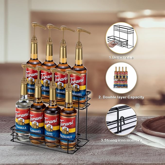 Rice rat Coffee Syrup Organizer Rack, (8 Bottle Capacity),2 Tier Coffee Syrup holder for Coffee Bar Accessories,Kitchen,Storage for Syrup, Wine, Dressing（Black）