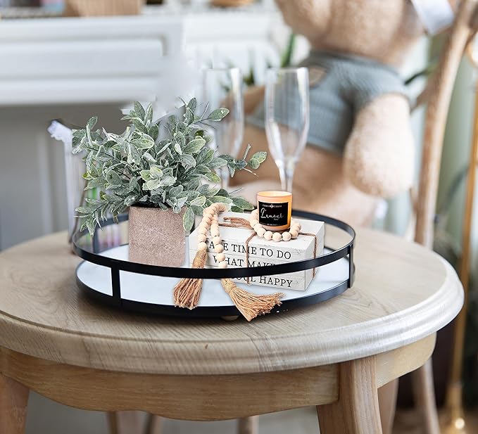 Defined Deco 12in Round Decorative Serving Tray with Metal Handle - Rustic Wooden Tray for Home, Living Room, Coffee Table Decor