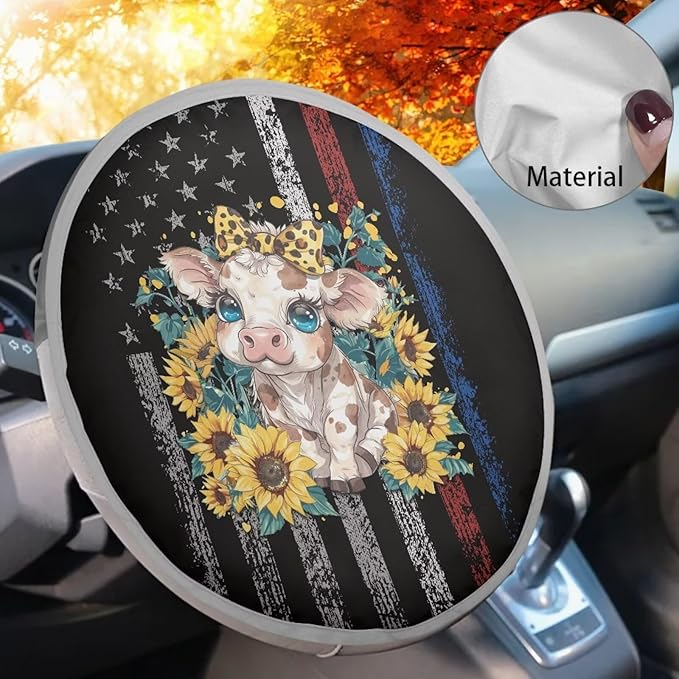 American Flag Cow Sunflower Pattern Steering Wheel Sun Shade Cover Steering Wheel Cover for Sun Protection Keep Cool in Summer Steering Wheels Accessories for SUV Car Truck Van