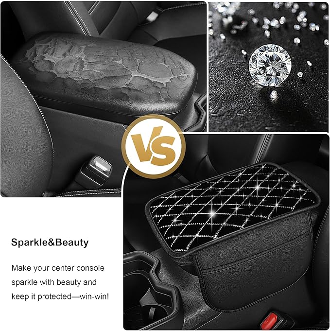 Center Console Cover Fit for RDX: Upgraded Bling Diamond Car Armrest Cover - Crystal Rhinestone Car Center Console Cover with 2 Storage Bags,Anti-Scratch Auto Armrest Pad Accessory （Black