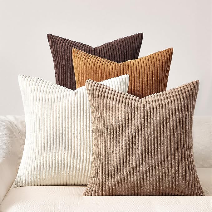 Topfinel 20 by 20 Pillow Covers Set of 4 Rustic Modern Soft Corduroy Striped Decorative Cushion Cover Gold Brown Gradient Farmhouse Pillow Case for Sofa Couch Living Room Bedroom