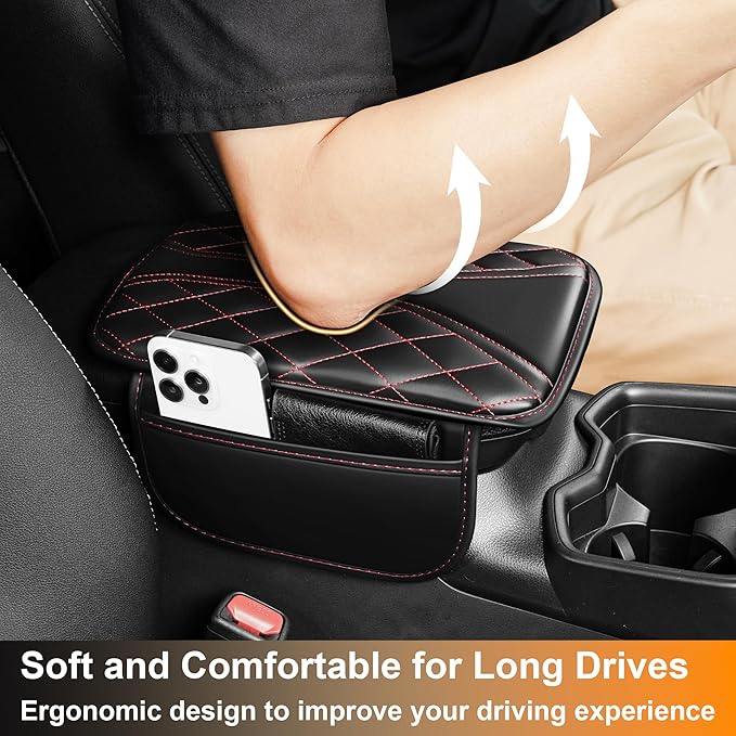 Car Armrest Cover Fit for Mazda Mazda 3 Console Armrest Protector with 2 Storage Pockets Quilted Leather Non-Slip Backing (Black & Redline)