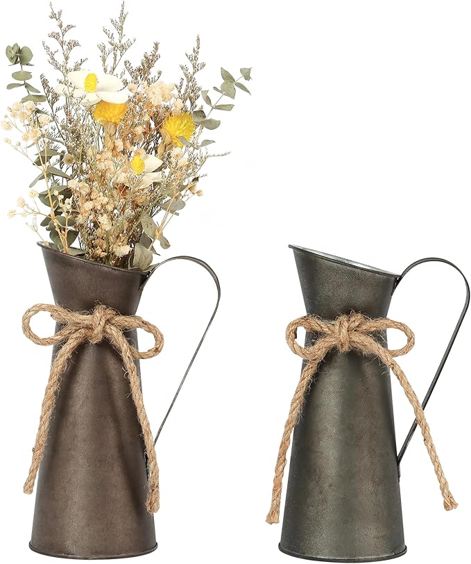 2 Pack Vintage Metal Milk Jug Vase Decor, Shabby Chic Decor Rustic Metal Pitcher, 7.87 Inch Pitcher Vintage Flower Vases for Home/Wedding Decorations