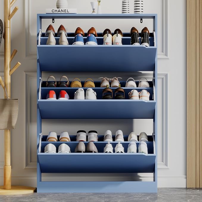 Xixini Shoe Storage Cabinet for Entryway with 3 Flip Drawers, Sturdy Wood Hidden Shoe Storage, Freestanding Narrow Slim Shoe Organizer for Front Door Entrance, Living Room, Hallway, Bedroom, Blue