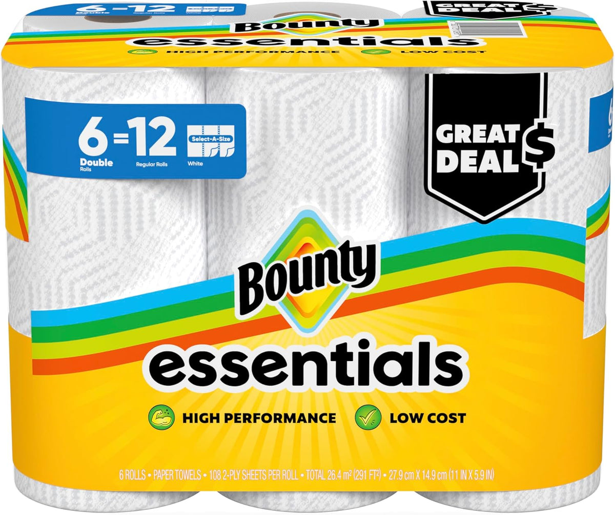 Bounty Essentials Select-A-Size Paper Towels, White, 2 Triple Rolls = 6 Regular Rolls (Packaging May Vary)