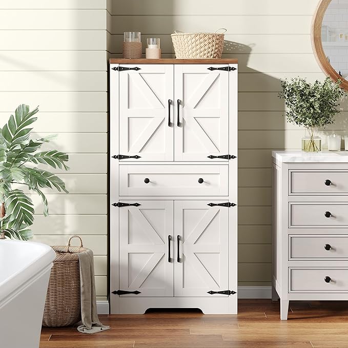 47" Tall Kitchen Pantry Storage Cabinet with Barn Doors and Shelves, White Farmhouse Linen Storage Cabinet With Drawers, Free standing Food Pantry Cabinets for Kitchen, Dining Room, Living Room