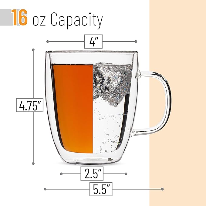 BTaT- Double Walled Glass Coffee Mugs, 16 oz, Set of 4, Glass Coffee Cups with Handle, Insulated Clear Coffee Mug for Hot and Cold Beverages, Cappuccino, Latte, Tea, Americano, Microwave Safe