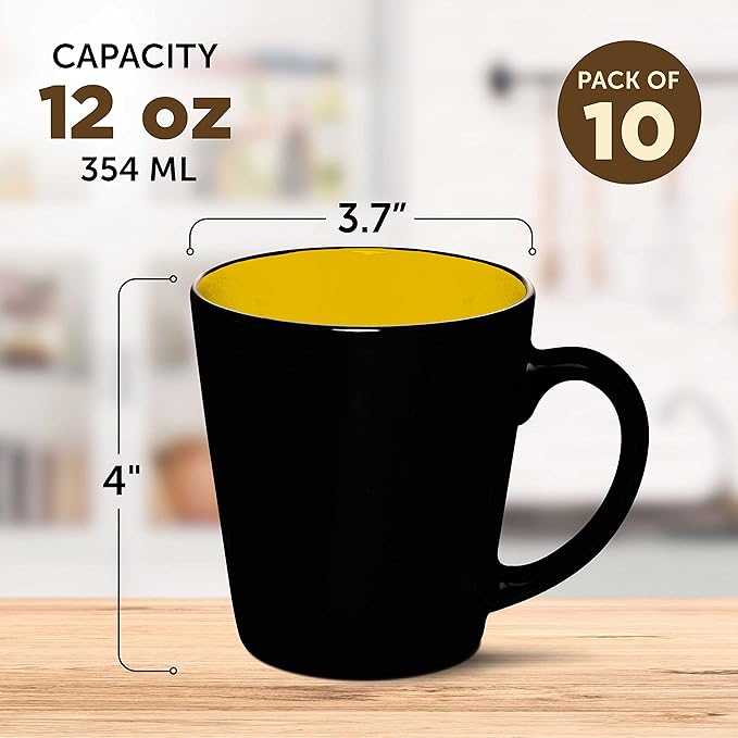 DISCOUNT PROMOS Ceramic Coffee Latte Mugs 12 oz. Set of 10, Bulk Pack - Perfect for Coffee, Tea, Espresso, Hot Cocoa, Other Beverages - Yellow