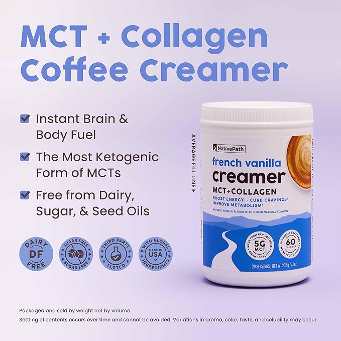 NativePath French Vanilla Keto Coffee Creamer, 20 Servings - Collagen & MCT Oil Powder, Sugar Free, Non-Dairy - Grass-Fed, Monk Fruit Sweetened, Soy & Gluten Free (7.1 oz)