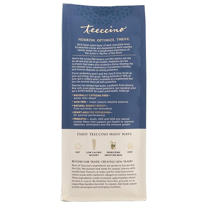 Teeccino Dark Chocolate Prebiotic SuperBoost™ Coffee Alternative - 10 Ounce - Support Probiotics with Caffeine-Free Herbal Coffee Featuring 3 Vegan Prebiotics for Gut Health