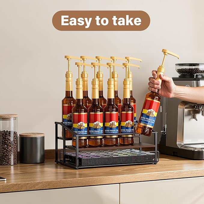 Coffee Syrup Rack Organizer, 3-Tier 10 Bottle Syrup Rack with 35 K Cup Darwer for Coffee Bar, Countertop Bottle Holder Stand for Dressing for Kitchen Cafe Station