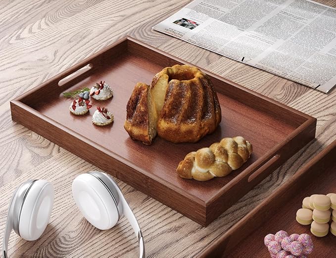 Bamboo Set of 2 Serving Tray with Handles,Decorative Trays Platter,Breakfast Tray in Bed,Food Drinks Tray for Eating,Working,Storing(Brown)