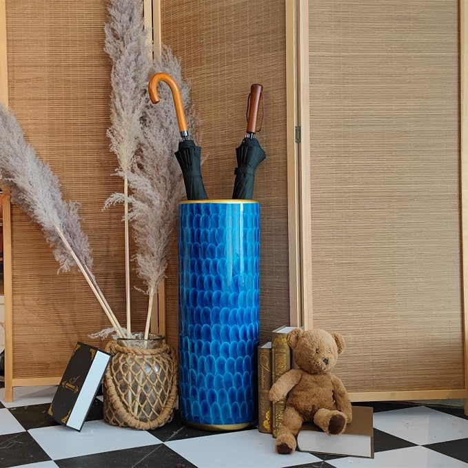 Luxurious Umbrella Stand Holder Umbrella Bucket Umbrella Rack Barrel Hand-Painted Feather Theme Porcelain Ceramic Floor Vase Entryway Porch Indoor 24" High Peacock Blue