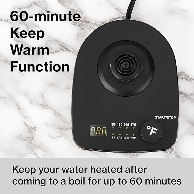 PantryPro Gooseneck Electric Kettle with Temperature Control, 34oz/1.0L Rapid Boil, Stainless Steel Interior, Auto Shut-Off, 1500W, Boil-Dry Protection, LED Indicator - Black