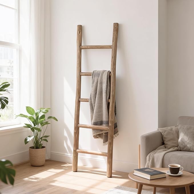 Wooden Blanket Ladder Natural & Motley Wood - Leaning Wall Decor for Bedroom, Bathroom, Living Room - Rustic Quilt Holder & Towel Rack (Natural Wood Brown, 57in | Fully Assembled)