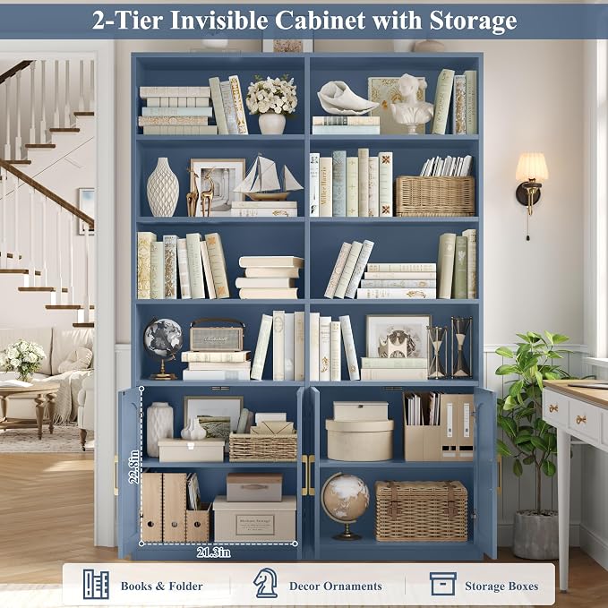 FACBOTALL Bookshelf and Bookcase with Doors, 6 Tier Double Wide Large Bookshelves, Open Display Shelves, 73'' Tall Bookshelf with Storage Cabinets for Home Office, Living Room, Library, Blue