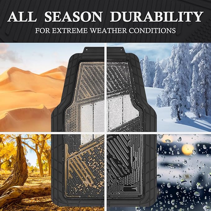 CAR PASS Heavy Duty Rubber Floor Mats 4-Piece Bling Car Mats Full Set - Universal Waterproof Floor Mats for SUV Truck, Durable All Weather Car Mats, Automotive Mats for Women Glitter Silver