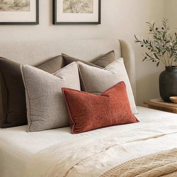 MIULEE Pack of 2 Fall Lumbar Throw Pillow Covers 12x20 Inch Burnt Orange Farmhouse Decorative Pillow Covers with Stitched Edge Soft Chenille Solid Dyed Pillow Covers for Couch Sofa Bed Living Room