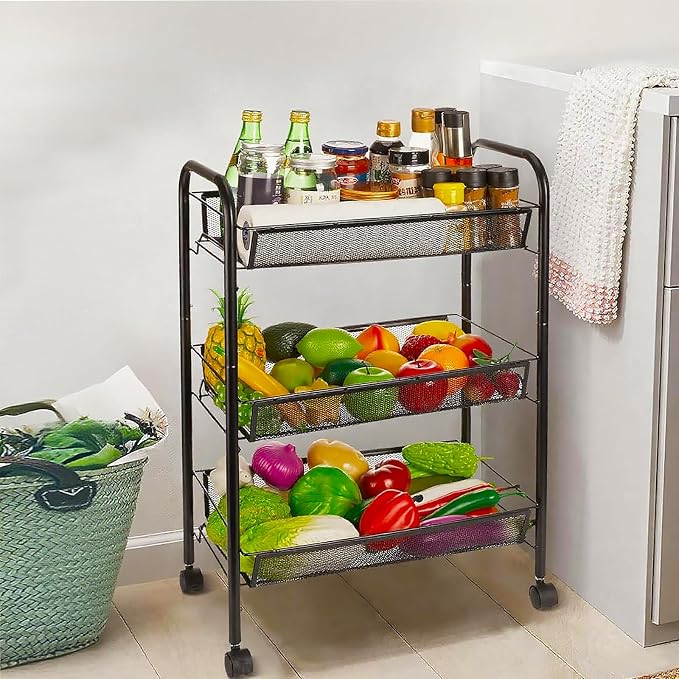 3 Tier Metal Rolling Cart with Wheels, Wire Bathroom Organizer Storage Shelves with Hooks, Utility Cart for Kitchen Laundry Room, Black