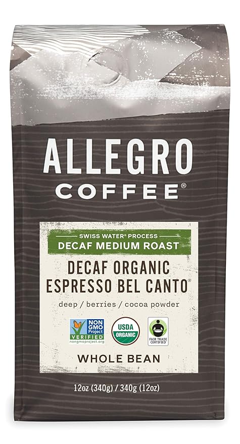 Allegro Coffee Decaf Organic Espresso Bel Canto Whole Bean Coffee, 12 oz