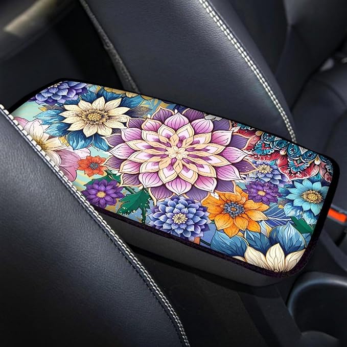 Universal Car Center Console Cushion Pad, Boho Flowers Car Center Console Cover Auto Armrest Seat Box Cover Protector for Most Vehicle SUV Truck Car