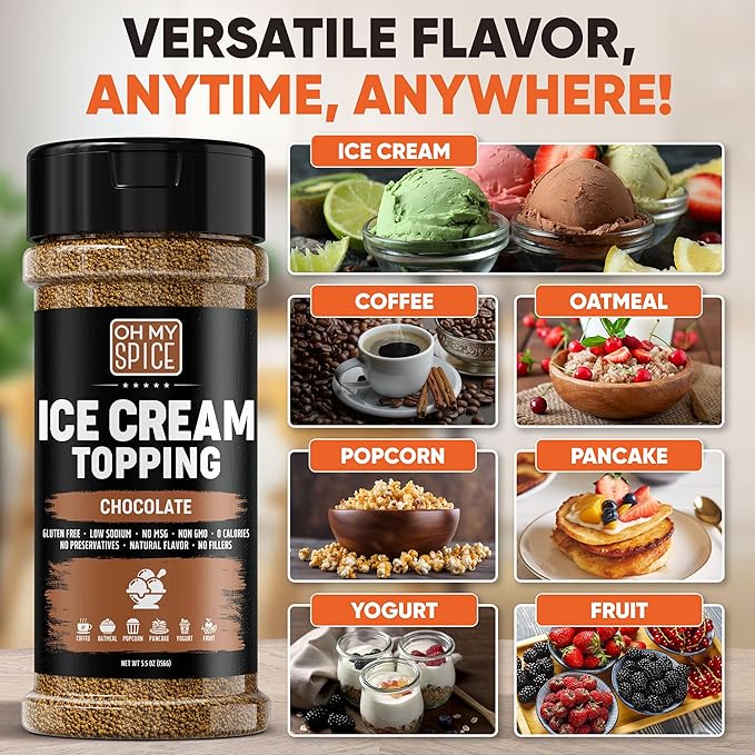 Ice Cream Topping Chocolate Powder Mix - Gluten Free & Low Sodium Cocoa Powder for Coffee Toppings. Sweet Cacao Topper Mix Seasoning Flavor for Oatmeal, Yogurt & Dessert. Chocolate for Coffee. 5.5oz