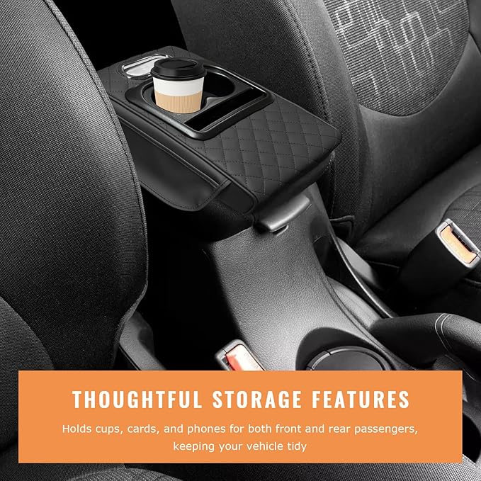 Car Center Console Armrest Pillow, 5-in-1 Armrest Cushion w/ 2 Side Bags, Tissue Box Slot, Cup & Phone Holder, Multifunctional Leather Arm Rest Cover Storage Organizer (Black, Embroidered)