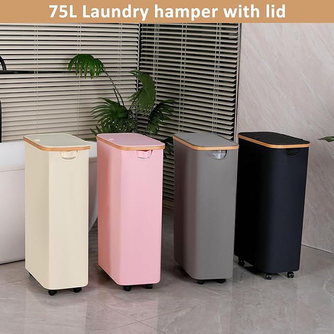 iEGrow Laundry Hamper with Lid, 75L Hamper with Wheels & Removable Bag, Slim Laundry Basket on Wheels with Bamboo Frame, Collapsible Rolling Clothes Hamper for Bedroom Dorm, Beige