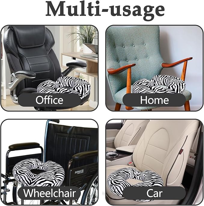 Donut Pillow for Hemorrhoids Seat Cushion for Tailbone Pain Relief - Zebra Print Home Office Chair Cushion for Long Sitting Work - Memory Foam Car Seat Cushions for Driving Butt Pain Pressure Relief