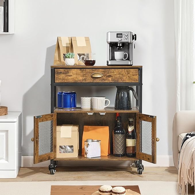 24 Inch Farmhouse Coffee Bar Cabinet with Wheels, Mobile Station with Mesh Door & Storage, Sideboard for Kitchen, Entryway, and Dining Room