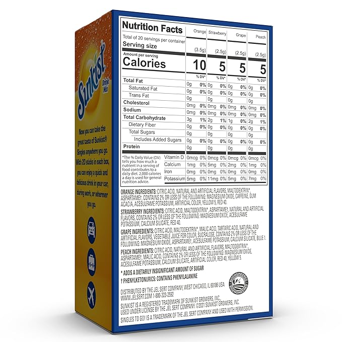 Sunkist Soda Variety Pack, Singles To Go Orange, Strawberry, Grape and Peach (20 Total Sticks)