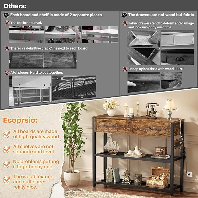 Ecoprsio Entryway Table with Outlets and USB Ports, Console Table with 2 Drawers, Small Sofa Table with Storage Shelves for Living Room, Couch, Hallway, Foyer, Kitchen Counter, 32'', Rustic