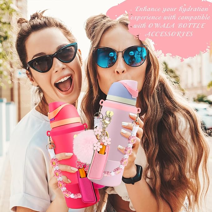 Compatible for Owala Accessories Bundle: Silicone Boot for 24oz & 32oz Bottles, Charms, Handle, Strap, Rubber Bottoms, and Decorative Add-ons for Your Compatible for Owala Water Bottle, Hot Pink
