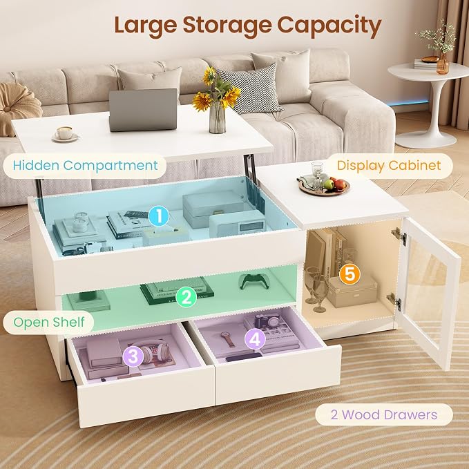 Itaar 39.4" Lift Top Coffee Table with 2 Drawers, Modern LED Coffee Tables for Living Room, Coffee Table with Glass Storage Cabinet, White