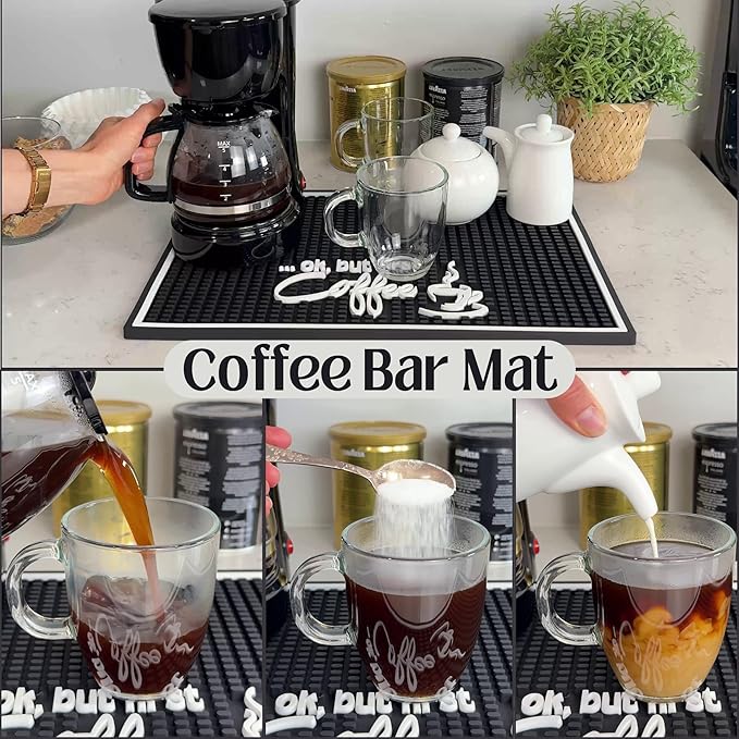 Ok But First Coffee Sign Rubber Bar Mat for Countertop, 18x12 Coffee Bar Mat, Coffee Bar Sign Counter Mat, Barista Station Mat, Cocktail Rubber Mat