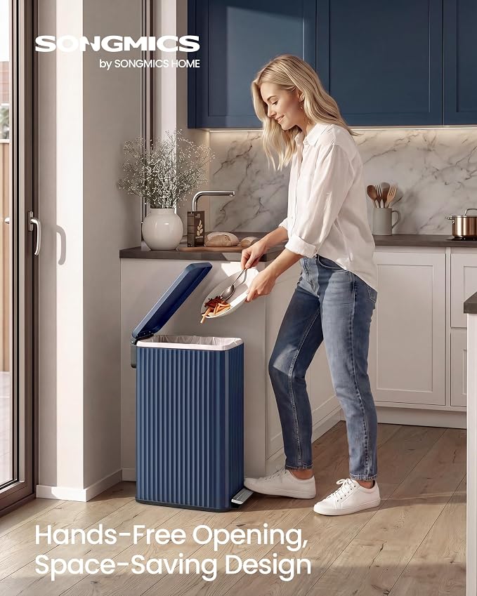 SONGMICS Trash Can, 13 Gallon (50 L) Slim Garbage Can for Kitchen, with Soft-Close Lid, Pedal, Removable Inner Bucket, Stainless Steel, 15 Trash Bags, Space-Saving, Midnight Blue ULTB350QZ01