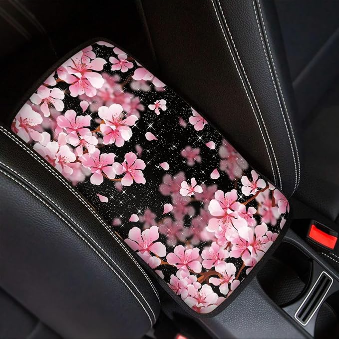 Cherry Blossom Print Car Center Console Cover for Women,Armrest Cover for SUV Sedan Truck,Non-Slip and Washable