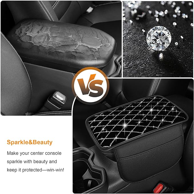 Bling Armrest Cover for Car Compatible with Jeep Wrangler - Center Console Cover with 2 Storage Pockets and Crystal Diamond(Black)