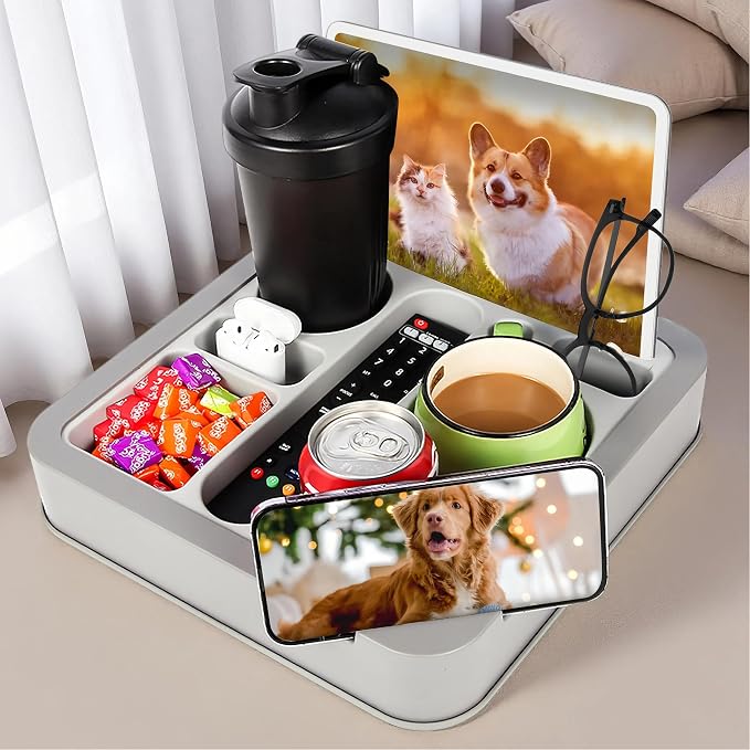 Couch Cup Holder Bed Caddy Couch Caddy Couch Tray Cup Holder for Couch,Couch Caddy with Cup Holder for Remote Phone Tablet Beverage Snack Gray.