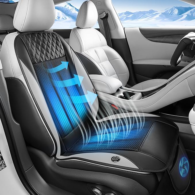 Coverado Cooling Car Seat Cover with High-Velocity Turbo Fan, Powerful Blowing & Suction Pad, 12V-24V Ventilated Cushion, 3-Speed Adjustable Airflow, Universal Fit for Car SUV Truck Van（Gray）
