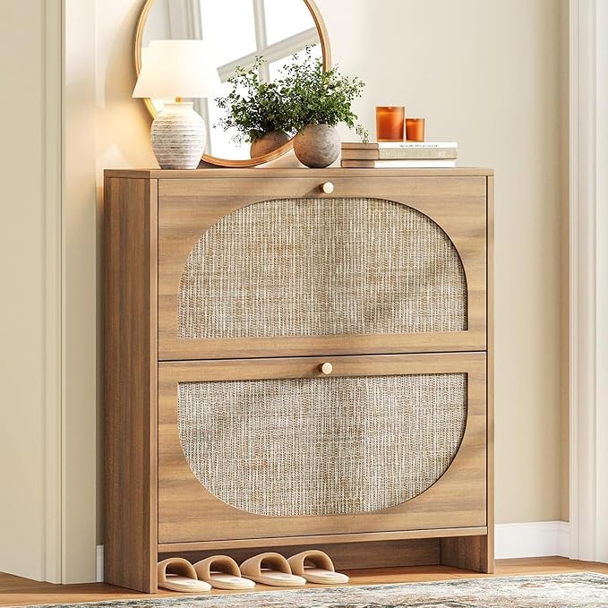 Nicetree Shoe Storage Cabinet for Entryway, 9.5" Ultra Slim Rattan Vintage Flip Shoe Rack- 2 Flip Drawers & 3-Tier Adjustable Shelves,Boho Shoe Organizer for 16-24 Pairs - Fits Size 12 Boots (Oak)