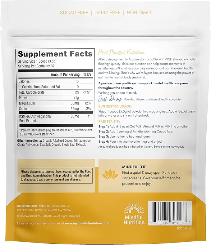 Mindful Morning Sugar Free Hot Chocolate Mix with Organic Ashwagandha and Magnesium Supplements to Relax the Mood and Calm the Mind, Natural Stress Relief Supplement Hot Cocoa