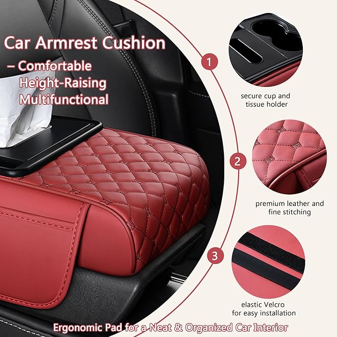 Car Center Console Cover for Toyota Crown Signia – 5-in-1 Leather Armrest Cushion Pad with 2 Storage Bags, Holds Cups, Phone, Tissues, Car Interior Accessory,B Brown